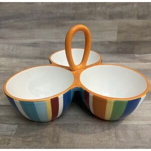Crate & Barrel‎ 3 Section Carnivale Stripe Glazed Ceramic Serving Bowl Handle